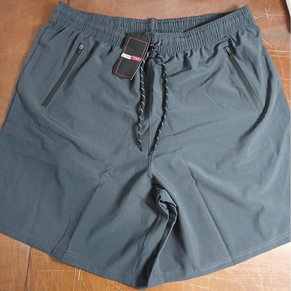 Jump Start Men's Performance Training Shorts Zipper Pockets L Dk Gray NWT